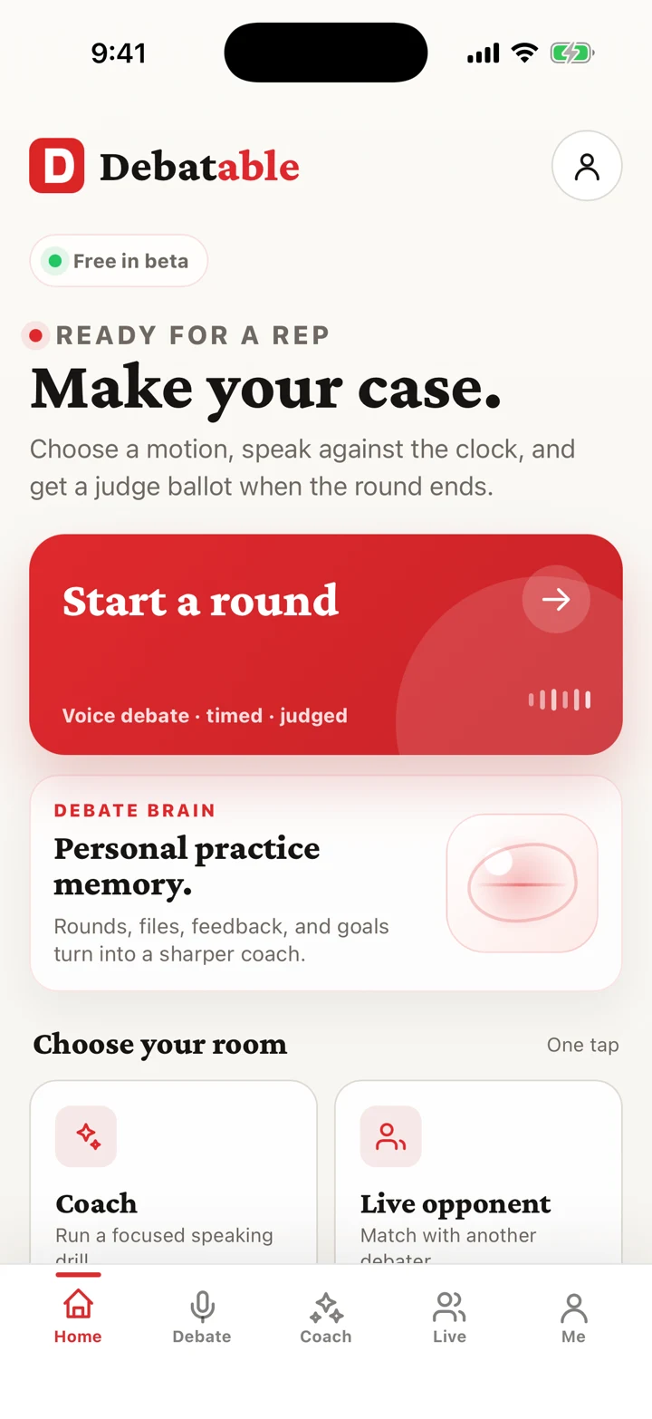 Debatable iOS app home screen with a Start a round button and rooms for a coach drill or a live opponent