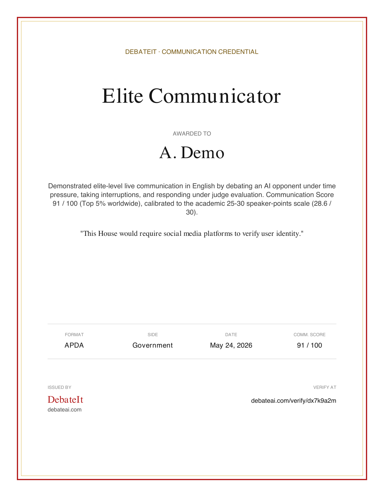 Sample Debatable Communication Credential PDF for A. Demo