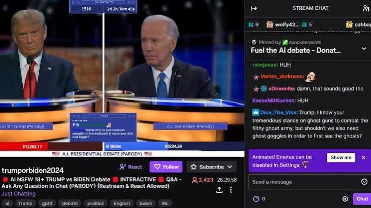 A debate playing on a livestream with viewer chat running down the side of the screen