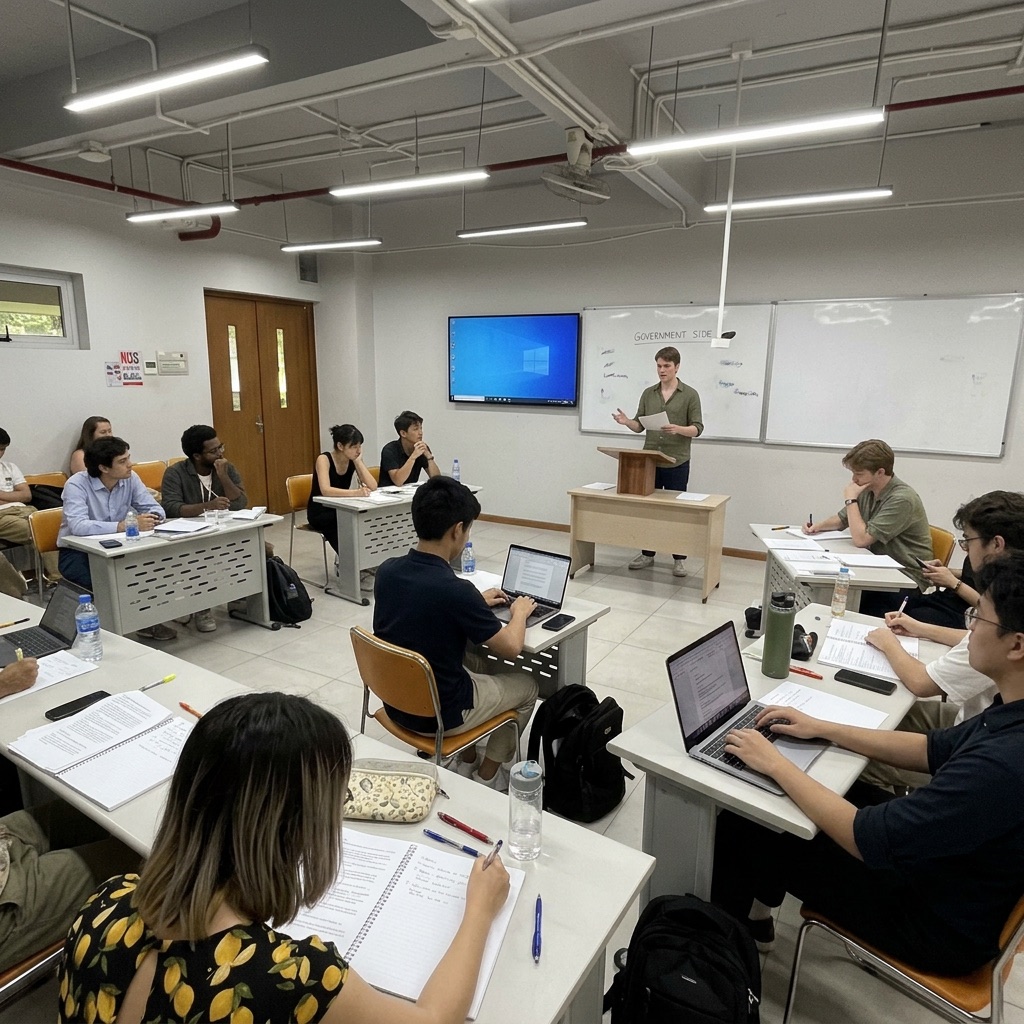 A university debate practice room mid-round