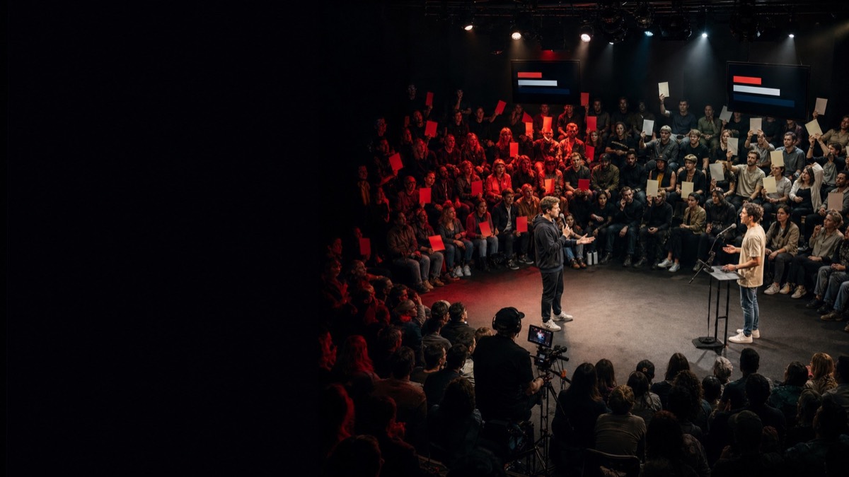 Editorial image of a packed debate room with speakers on stage and audience members raising side cards