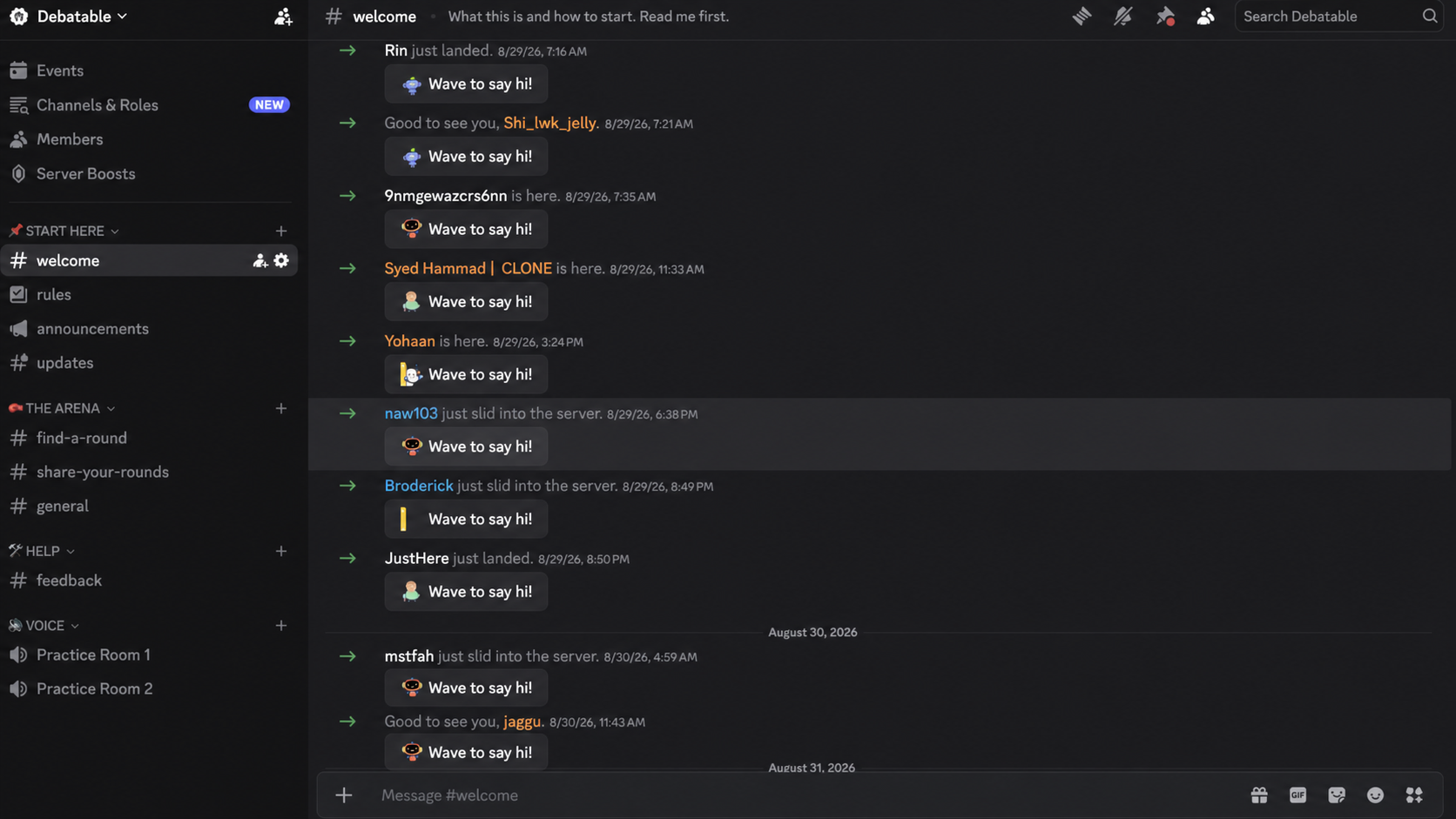 Debatable's Discord welcome channel and community channels for finding and sharing rounds.