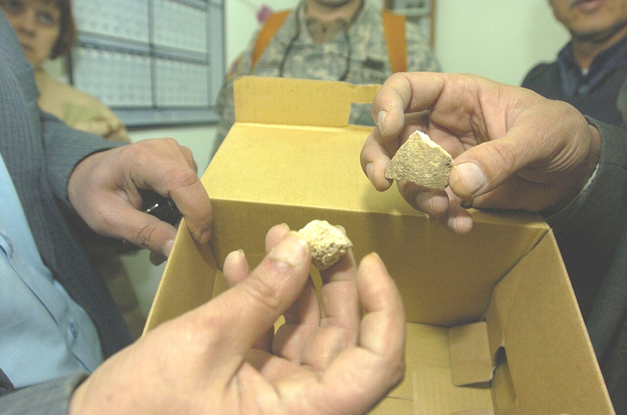 Museum officials examining artifacts being returned to an Iraqi museum