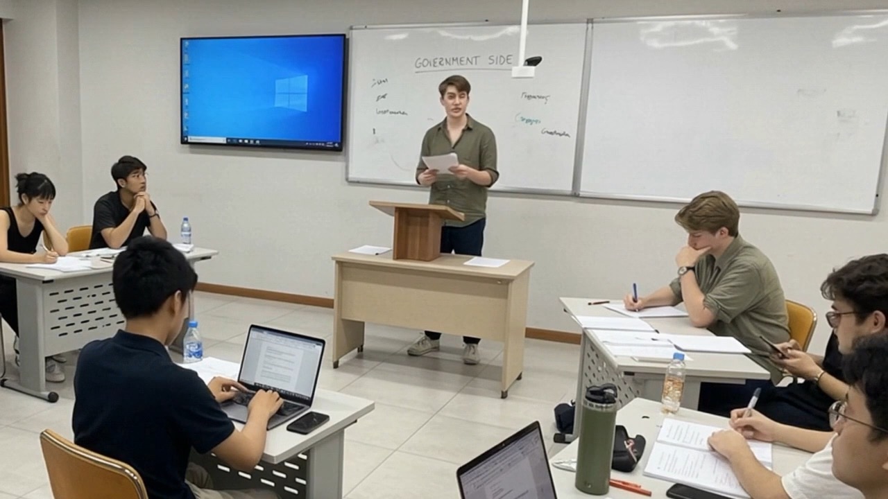 A debater delivering a speech from a podium in a practice room